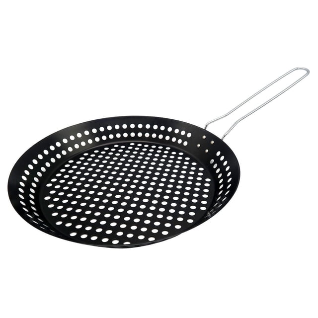 Expert Grill Non-Stick Grilling Skillet with Foldable Handle, a round black stainless steel pan with a non-stick perforated surface and evenly spaced holes for heat and marinade drainage, featuring a long foldable silver wire handle for easy storage, ideal for grilling vegetables, seafood, and meat with a crispy texture and flame-grilled flavor.