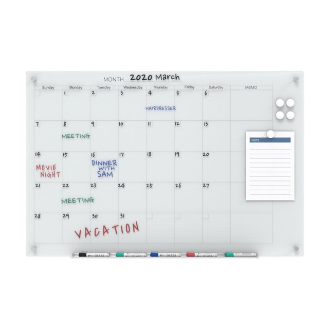 Audio-Visual Direct Glass Dry-Erase Calendar Whiteboard Set - 90 x 120 cm - (Magnetic, White)