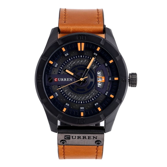 CURREN Curren 8301 Men's Stylish Business Watch with Calendar, Waterproof PU Leather Strap, Black Case & Orange Accents, Quartz Movement, 47mm Dial