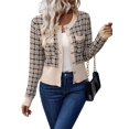 thumbnail image 1 of Femmes - Blazer à Carreaux Chic Décontracté Cardigan à Boutons devant Col Ras du Cou Manches Longues Vestes en Tricot Texturé Abricot m, 1 of 9