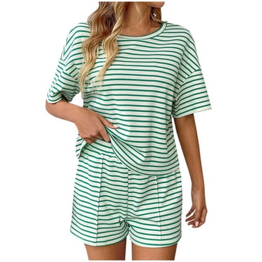 Tumotour Ensemble de Pyjama pour Femmes 2 Pcs Ensembles de Pyjama Col Rond Manches Courtes avec Shorts à Taille Élastique Tenue de Détente à Rayures de Couleur Unie pour l'Été Vêtements de Nuit Décontractés Vêtements de Maison Tenues de Nuit