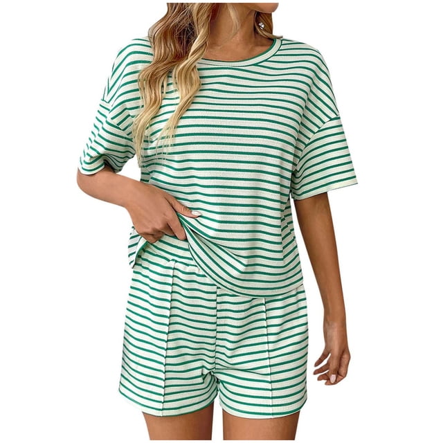Striped 2 Piece Sweater Set for Womens Summer Short Sleeve Tops Loose Matching Shorts Lounge Sets Tracksuit