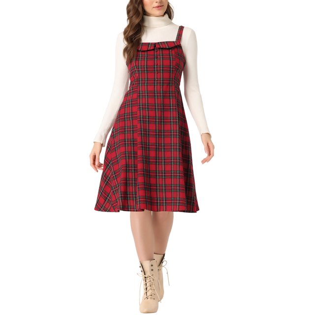 INSPIRE CHIC Robe à Bretelles pour Femme Rétro à Carreaux Col Carré Ligne A Midi Robe Salopette S Rouge