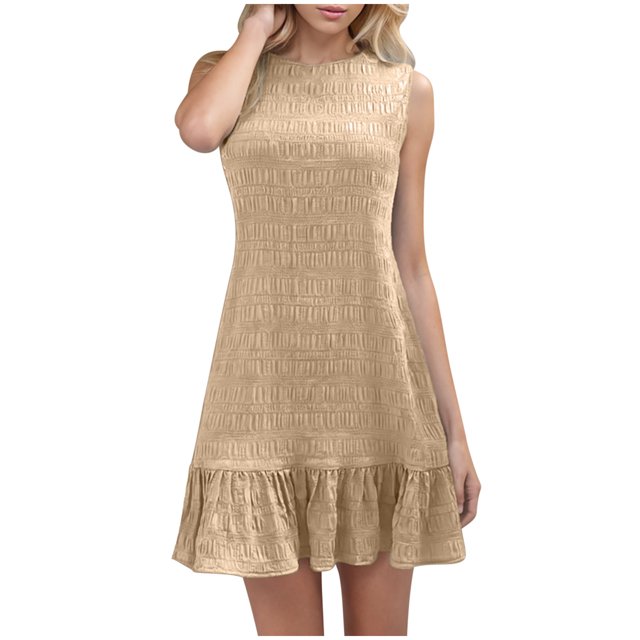 hotojiny Robes Boho pour Femmes 2025 Unies à Col Rond, Ourlet à Volants, Robes Débardeurs à Étages, Décontractées, Texturées, Sans Manches, Robes d'Été