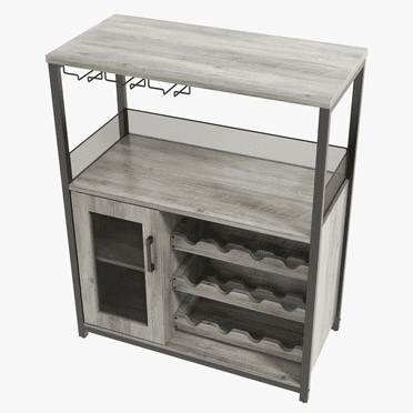 3-Tier Wine Bar Cabinet with Adjustable Shelves, Glass Holders, Mesh Door Baffle Design – Vintage Industrial Sideboard Buffet for Kitchen, Living Room & Coffee Bar – Grey