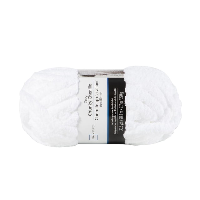 MAINSTAYS White Chunky Chenille Yarn skein made of 100% polyester with thick, soft texture, measuring 30.8 yards (28.2 m) and weighing 7.7 oz (220 g). Suitable for knitting chunky blankets, pillows, scarves, and cozy home décor.