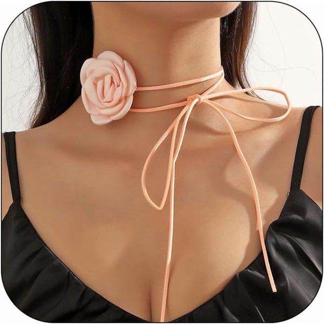 LinYooLi Collier Ras du Cou Fleuri pour Femmes Collier Gothique Floral à Lacets Collier Rose Long Collier en Velours pour Mariage Fête d'Été