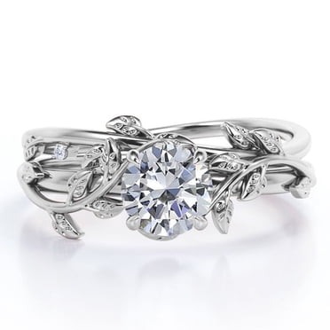 JeenMata Ensemble d'Alliances en Moissanite Taille Ronde de 0,50 Carat - Ensemble de Mariage Vintage en Moissanite - Or Blanc 18 K Plaqué sur Argent