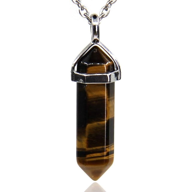 Golden Tiger Eye Gemstone Hexagonal Pointed Reiki Chakra Pendant Necklace 20"