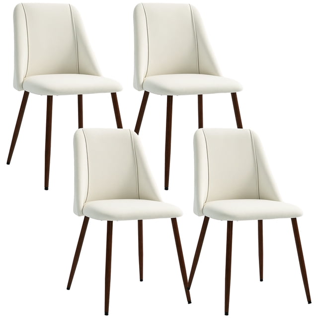 HOMCOM Dining Chairs Set of 4 with cream white velvet-touch upholstery and channel quilting. Each chair features a padded seat, curved backrest, and solid wood-grain steel legs with thermal transfer printing. Adjustable foot pads ensure stability on uneven floors. Suitable for dining rooms, kitchens, bedrooms, or offices. Dimensions: 17.7 inches wide, 19.5 inches deep, and 33.9 inches high.