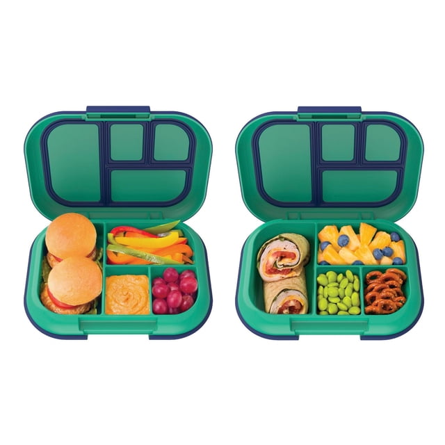 Bentgo Kids Chill Green/Navy (BGOCHL-G) - 2 Pack with two green and navy bento lunch boxes, each featuring four compartments; one contains mini sandwiches, sliced bell peppers, hummus, and grapes, the other has rolled wraps, pineapple with blueberries, edamame, and pretzels. These leak-proof lunch boxes include a built-in ice pack slot and durable rubberized edges, suitable for keeping kids' meals fresh and separated.