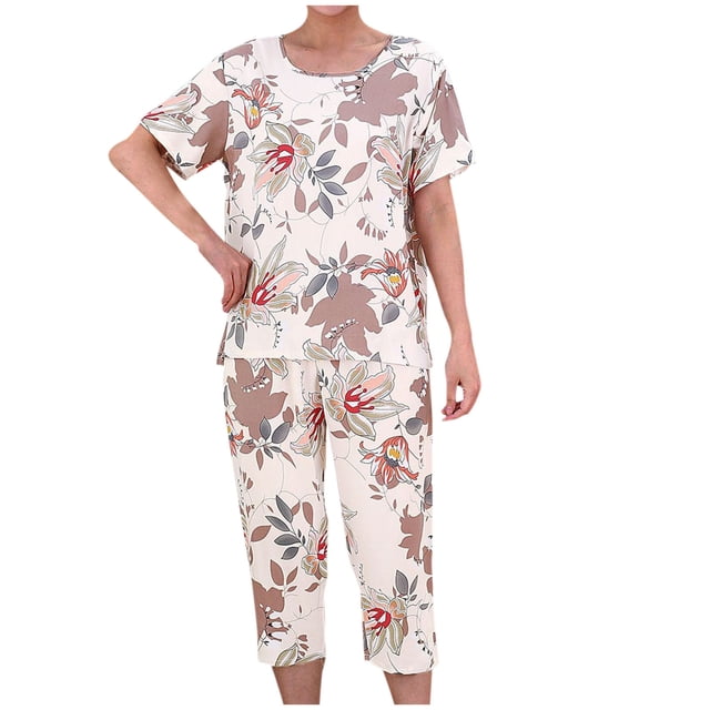 Pisexur Ensembles de Pyjama pour Femmes 2 Pcs Boho à Imprimé Floral Chemises de Nuit en Coton pour Femmes Décontractées Col Rond T-Shirts à Manches Courtes Hauts et Pantalons de Détente Longueur Genou Pyjamas Grande Taille pour Femmes Ensemble TG-4TG