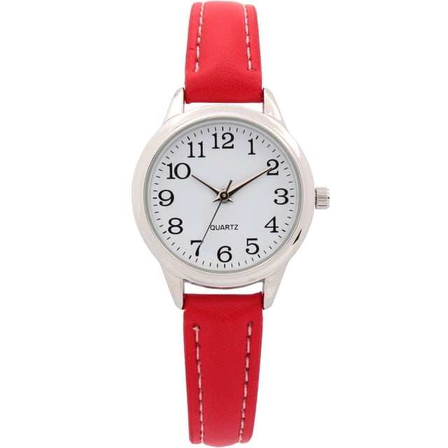 Ladies Red Strap Watch with a 25mm silver case, white dial with full black printed numbers, gold hands, and a red PU strap with white stitching. Features quartz movement, stainless steel case back, and battery included, suitable for women who prefer contemporary style.