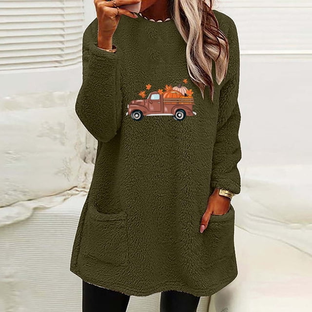 Hauts Mignons pour Femmes à Col Rond et Blouse d'Hiver Ample avec Poche Imprimée Chaude à Manches Longues Hauts pour Femmes en Liquidation