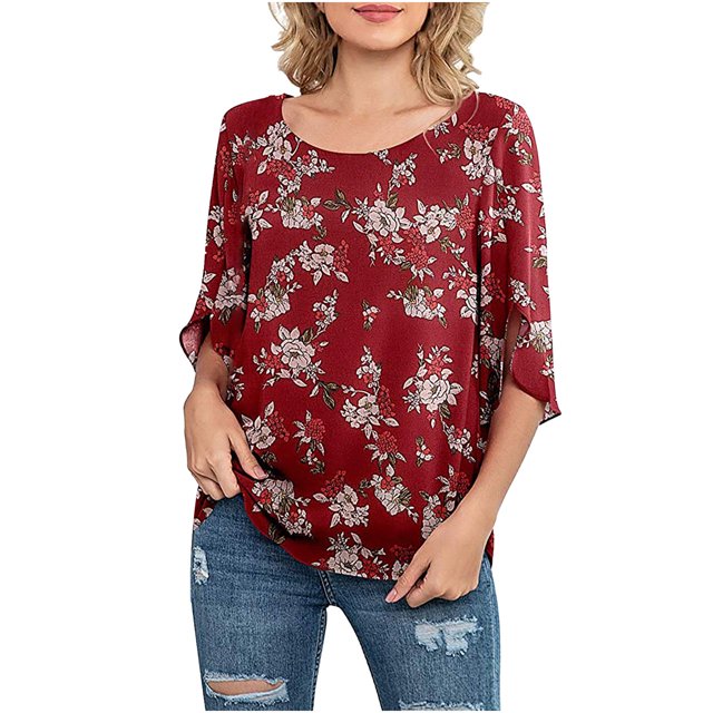 Pompotops Femmes Casual Imprimé Floral Col Rond 3/4 Manches en Mousseline de Soie Blouse Tops