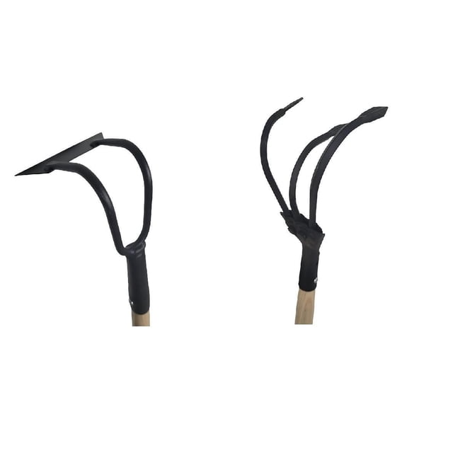 Farm Tuff Dutch Hoe & 3 Prong Cultivator garden tool set with 48-inch lacquered hardwood handles, featuring a heat-treated steel Dutch hoe blade for weeding and a 3-prong cultivator with heat-treated steel tines for soil mixing, suitable for garden maintenance and encouraging healthy plant growth.