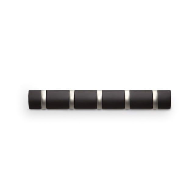 FLIP 5 HOOK ESPRESSO wall-mounted coat rack with five fold-away hooks in espresso finish, designed to save space and keep entryways uncluttered, ideal for hanging coats, hats, umbrellas, and bags.