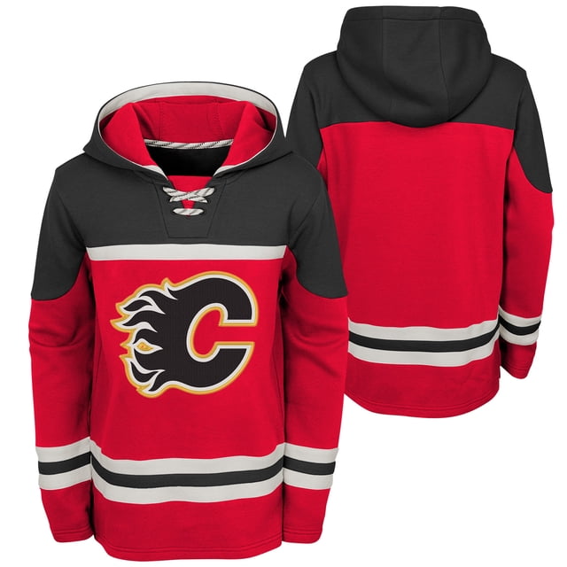 Outerstuff Youth Calgary Flames NHL Asset Hockey Hoodie designed for boys, featuring a red and black colour scheme with white stripes, team logo screen printed on the front chest, and skate lace decoration at the neck. Made from a cotton-polyester blend, this officially licensed NHL pullover hoodie has long sleeves and a comfortable fit.
