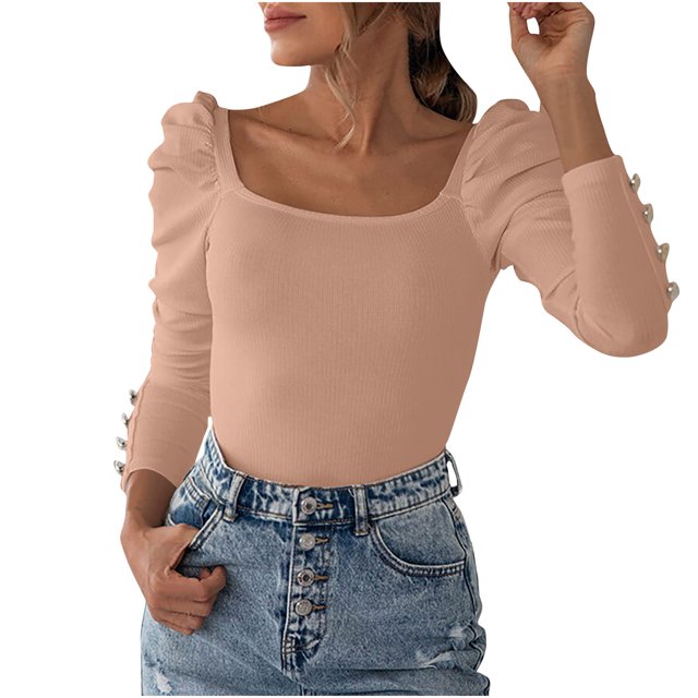 AherBiu Womens Blouses Trendy Long Sleeve Comfy Tops Ribbed Knitted Slim Tight Stretchy Fall Shirts
