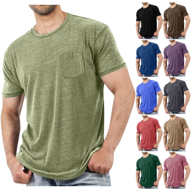 TIMIFIS Mens Short Sleeve Shirts Solid Color Workout Crew Neck T-Shirts Summer Casual Athletic Tee Shirts with Pocket