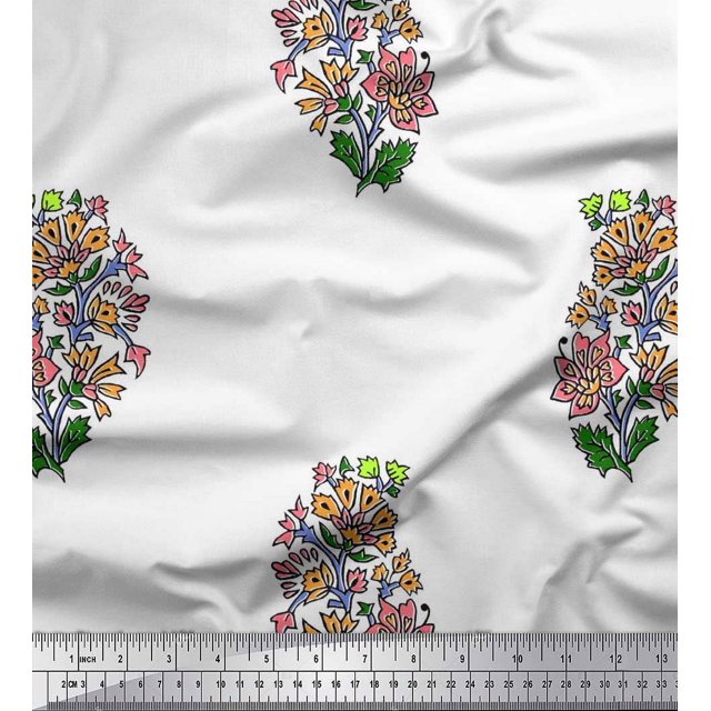 Soimoi Rayon Fabric Leaves & Floral Block Printed Craft Fabric by The Yard 42 Inch Wide
