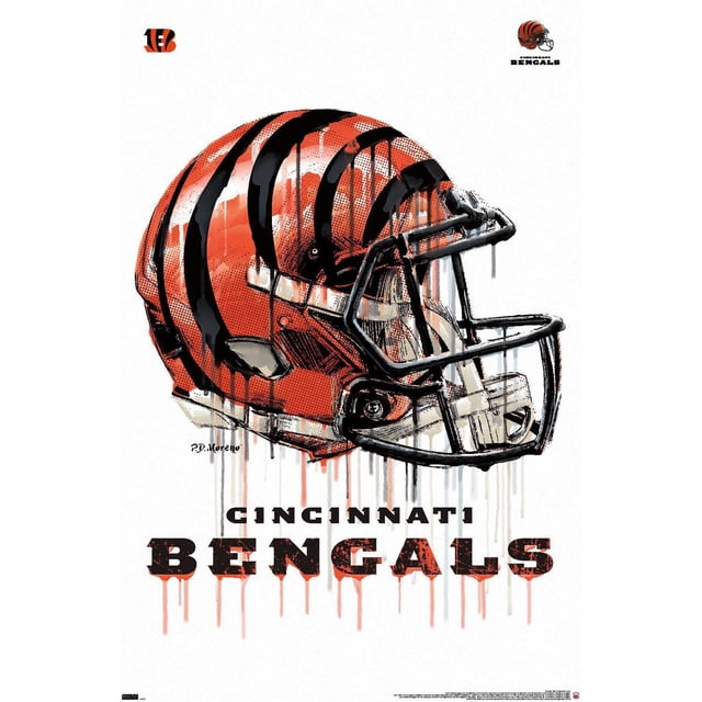 NFL Cincinnati Bengals - Affiche Murale « Drip Helmet 20 » avec Cadre Magnétique, 22,375 Po x 34 Po Présentant une illustration Artistique Centrée et Orientée vers l'Avant d'Un Casque de football des Cincinnati Bengals orange avec Rayures de Tigre Noir et Masque Facial Noir, avec Effets de Goutte de Peinture et Texte « Cincinnati Bengals » Usé Ci-Dessous sur Fond Blanc, Convient à une Déco Murale à Thème Sportif.