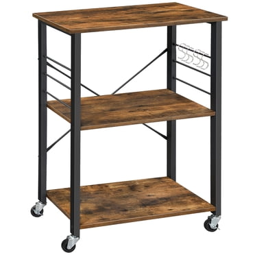 VASAGLE Kitchen Shelf on Wheels, Serving Cart with 3 Shelves, Kitchen Cart, Microwave Shelf, for Mini Oven, Toaster, with 6 Hooks, Industrial Style