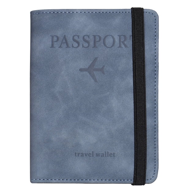 Skin Feel Retro Passport Case with Multi-Card Slot RFID Anti-Scanning Waterproof Card in a blue PU leather finish. The case features a debossed airplane icon and 'Passport' text on the front, with a black elastic strap for secure closure. Designed to protect e-passports from skimming and organize essentials like cards and tickets. Approximate size: 14.2cm x 10.5cm x 1cm.