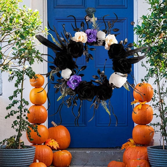 Yhmxh Halloween Decorations Clearance Halloween Decorations Outdoor Indoor Halloween Decoration White Skeleton Black Rose Wreath Decoration Haunted House Pendant Wreath Halloween wreath