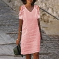 thumbnail image 2 of FAIWAD Robes en Coton et Lin pour Femmes, Dentelle Patchwork, Col en V, Robe à Épaules Dénudées, Robe d'Été Décontractée pour la Plage, 2 of 6