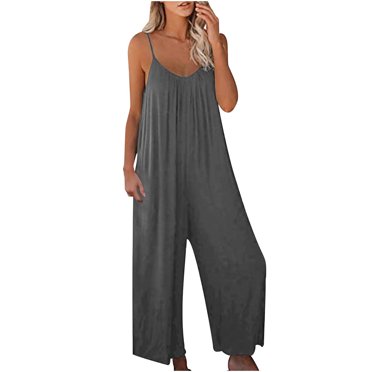 Combinaisons d'Été à Jambes Larges pour Femmes, Bretelles Spaghetti, Col en V, Combinaisons Amples Unies, Sans Manches, Décontractées, avec Poches