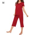 thumbnail image 1 of Ensemble de Sommeil pour Femmes Aguichant en V, Nuisette Unie, Haut à Col et Pantalon, Pyjama en Modal, Rouge, M, 1 of 7