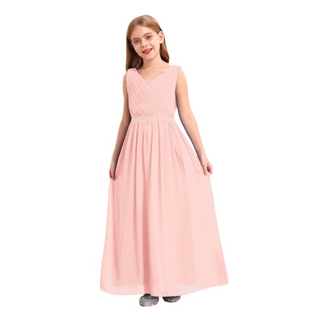 Miaeowve Robe de Demoiselle d'Honneur pour Fille Sans Manches en Mousseline Perlée, Robe de Demoiselle d'Honneur Junior, Robe de Fête de Mariage pour Filles, Rose, 6