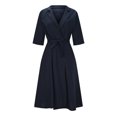 thumbnail image 4 of Pompotops Robe Décontractée de Mode pour Femme en Coton et Lin, Couleur Unie, Manches Mi-Longues, à Lacets, à Revers, en Solde, 4 of 7