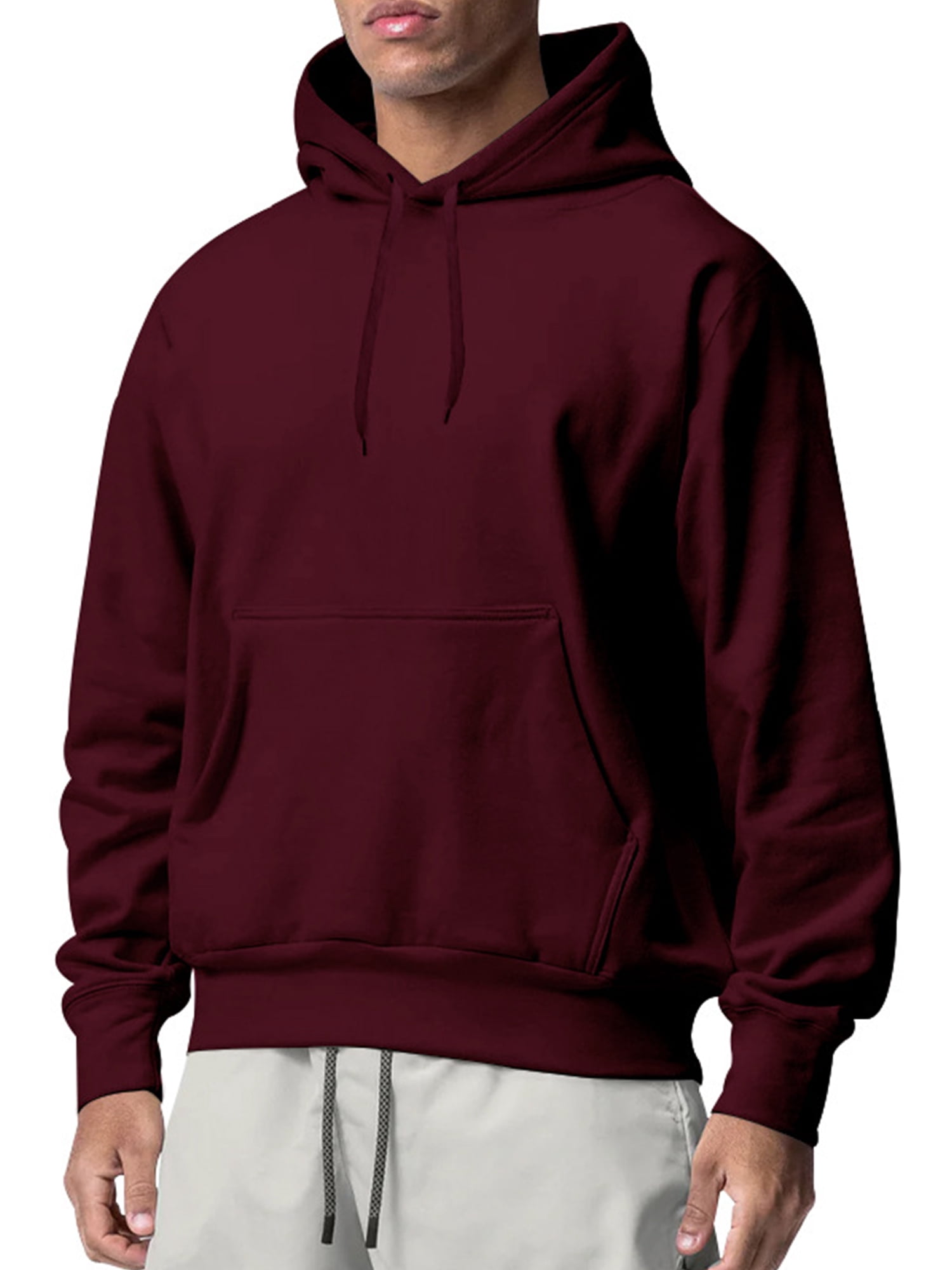 Innerwin Chandails à Capuche à Cordon pour Hommes Automne Couleur Unie Épais Chandail à Capuche Rouge Vin TP