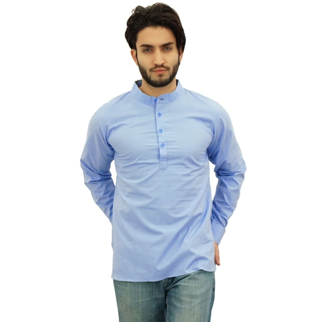 Atasi Kurta Court Bleu Ethnique pour Homme, Col Mandarin, Tunique en Coton - Moyen