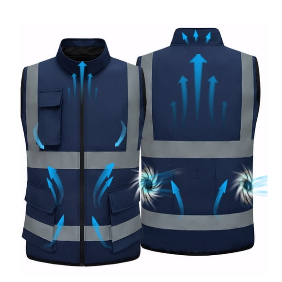 XZNGL Reflective Sleeveless Fan Vest for Women, Polyester Spandex Blend, Stand-Up Collar, Zipper Closure, Summer Workwear, High-Visibility Safety Vest, Multi-Pocket Design