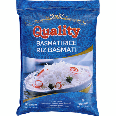 QUALITY Heritage Basmati Rice, Extra-Long Grain Premium Aged Rice, 18.18 kg (40 lbs) bulk foodservice bag. Ideal for professional catering and bulk pantry needs. The packaging features a vibrant blue design with intricate patterns and the brand name prominently displayed. A serving suggestion of cooked rice garnished with herbs and vegetables is shown on the front.