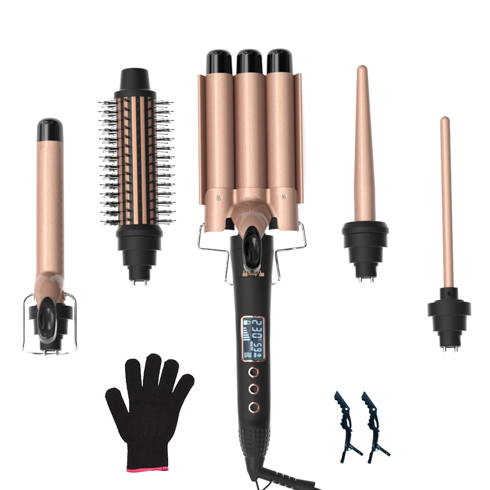 5-IN-1 Hair Curler Set Hair Curling Iron Wand Hair Straightening Brush Hair Waver Temperature Adjustable LCD Temp Display Hair Styling Tool