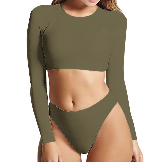 Babysbule Women's Two Piece Swimsuit Solid Color Round Neck Long Sleeved Top Swimsuit Set Split Swimwear Set