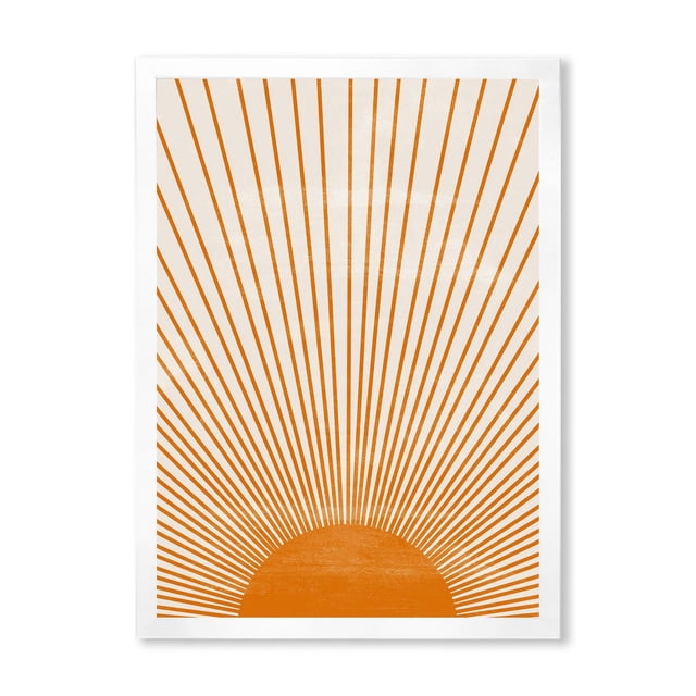 Designart Impression Soleil Orange III Art Mural Encadré Montrant un Soleil Orange Centré en Demi-Cercle avec des Lignes Géométriques Rayonnantes sur une Toile en Coton beige Pâle, Monté dans un Cadre Blanc de 1,5 Po, Idéal pour la Déco Maison Moderne et les Impressions sur Toile, Souvent Utilisé pour Ajouter une Touche Contemporaine aux Espaces de Vie.