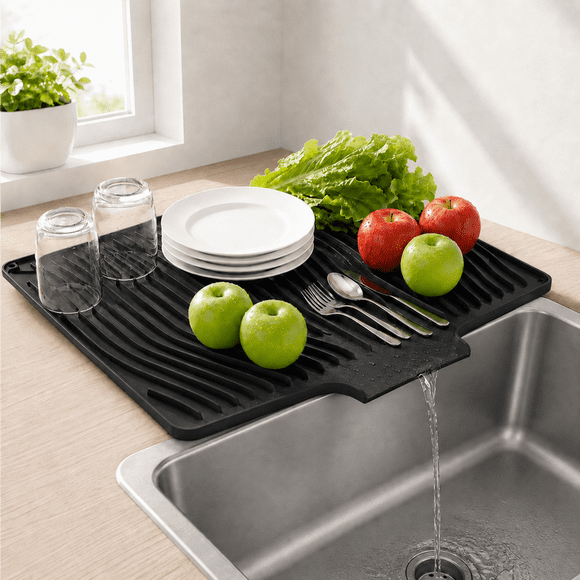 Goldeer Tapis d'Égouttage en Silicone pour Comptoir de Cuisine, Tapis d'Égouttage, Tapis d'Égouttement Antidérapant avec Drain Intégré, Résistant à la Chaleur 14x19 Pouces Noir