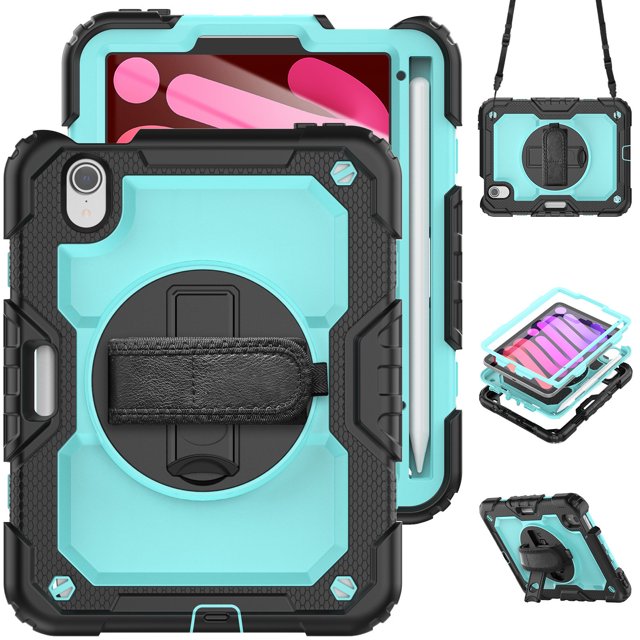 Case for iPad Mini 7 A17 Pro 2024/Mini 6 2021 8.3 Inch 7th/6th Gen with Screen Protector, 360 Degree Rotating Kickstand Hand Strap Shockproof Cover with Shoulder Strap, Sky Blue PC
