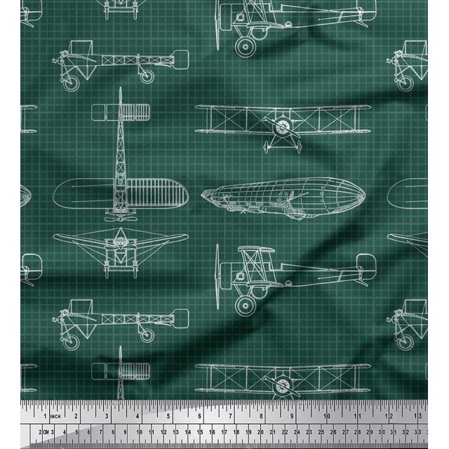 Soimoi Rayon Fabric Check & Airplane Transport Printed Fabric 1 Yard 56 Inch Wide