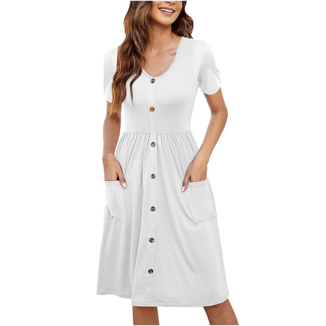 TopLLC Robe de Plage pour Femme Été à Manches Courtes Col en V Robe Débardeur Décontractée Boutonnée Taille Élastique Robes Évasées avec Poche