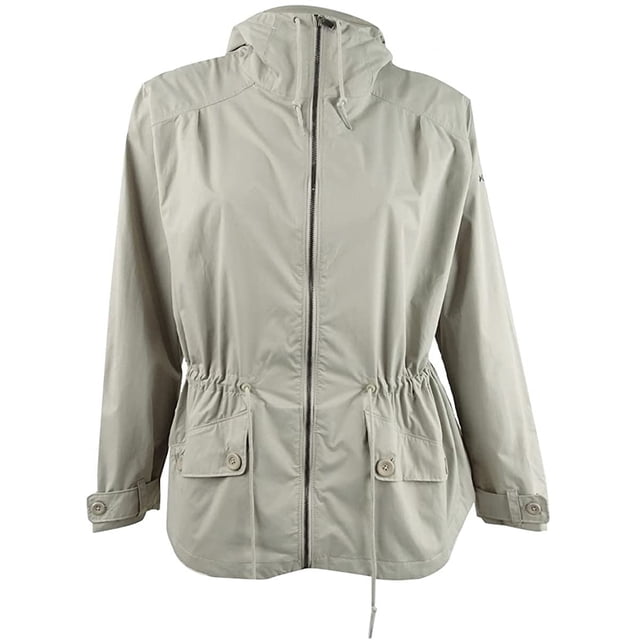 Columbia Women's Plus Size Regretless Jacket in Flint Grey, size 3X. This waterproof jacket features a lightweight nylon construction with Omni-Tech technology for breathable and waterproof protection. It includes an attached adjustable hood, drawcord-adjustable waist, zippered hand pockets, and adjustable sleeve cuffs. The front zipper closure and machine-washable design add convenience. Ideal for outdoor activities in wet weather.