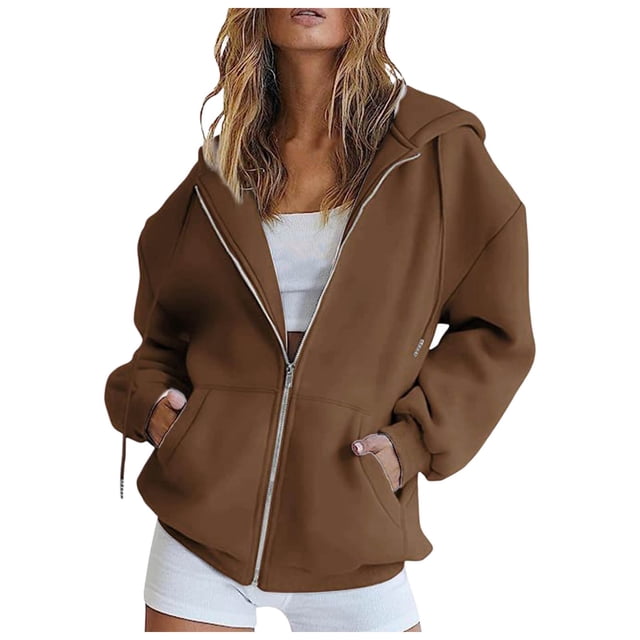 WEIYLL Womens Summer Tops Solid Long Sleeve Zipper Hooded Coat Pocket Sweatshirt Coffee Top Sizes S