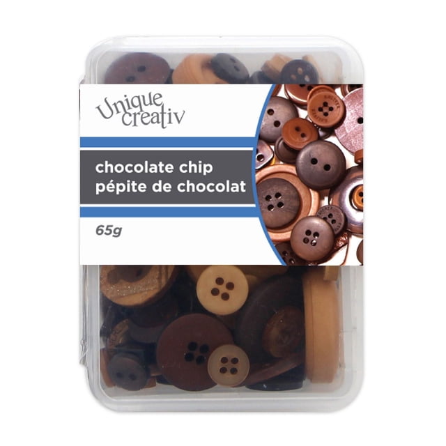 UNIQUE CREATIV Box of Buttons in chocolate chip shades, assorted sizes and classic 2- and 4-hole plastic buttons stored in a reusable clear case, weighing approximately 65 g, ideal for sewing fasteners, garment mending, and craft embellishments.