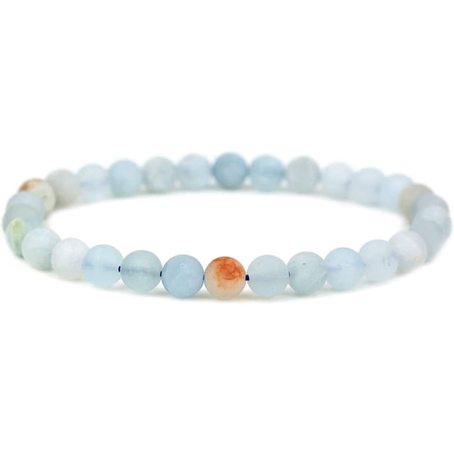 Bracelet Extensible Unisexe en Perles Rondes de 6 mm en Pierre Précieuse Aigue-Marine Multicolore Mate Naturelle 7 Pouces