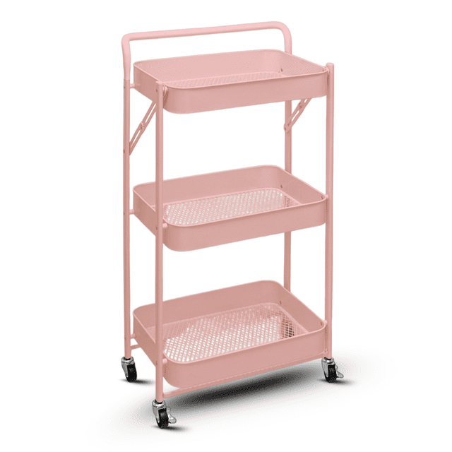 Joie-Ciel Chariot Roulant Pliable, Aucun Assemblage Requis, Chariot de Rangement à 3 Niveaux avec Poignée, Chariot Utilitaire Gain de Place avec Roues Verrouillables, Rose Pâle, 17.75 x 11.63 x 32.63 Po